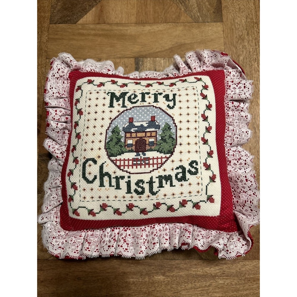 VTG Handmade Cross Stitched Merry Christmas Throw Pillow Cottage